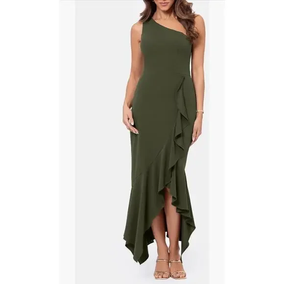 XScape One Shoulder Asymmetrical Hem Green Gown - Picture 1 of 7